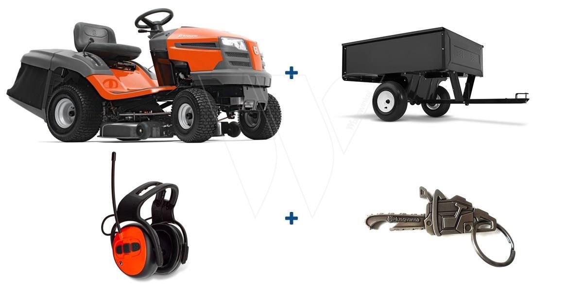 Husqvarna TC 138L Rasentraktor (97 cm) mit Anhänger und FM-Helm – Ansicht 1