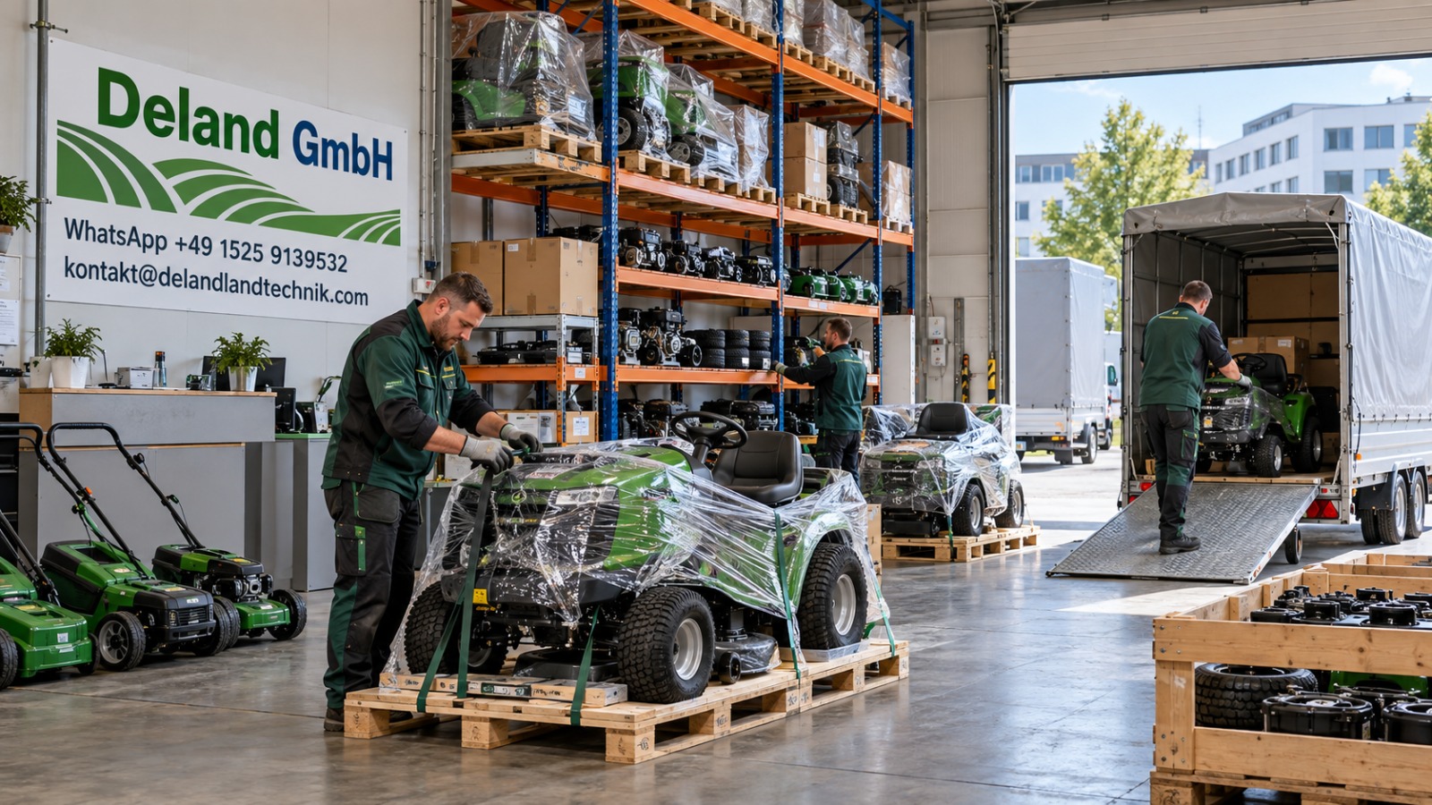 Deland GmbH Hochregallager: Palettenverzurrung und Verladung von Aufsitzmähern